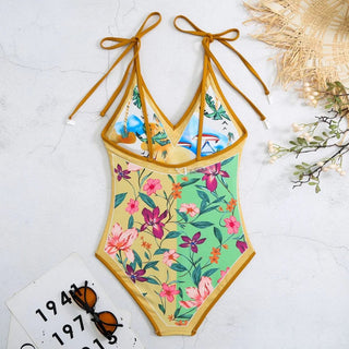 Vintage Printed Double - sided Wear Swimming Bandage One Piece Swimsuit - Diva Melody