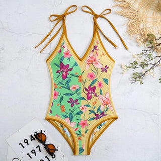 Vintage Printed Double - sided Wear Swimming Bandage One Piece Swimsuit - Diva Melody