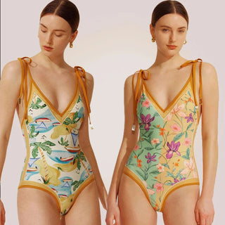 Vintage Printed Double - sided Wear Swimming Bandage One Piece Swimsuit - Diva Melody