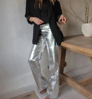 Vintage Sliver Pu Leather Full Length Y2k Straight Trousers - Diva Melody