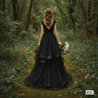 Whimsical Black Tulle Lace Bridal Gown - Diva Melody