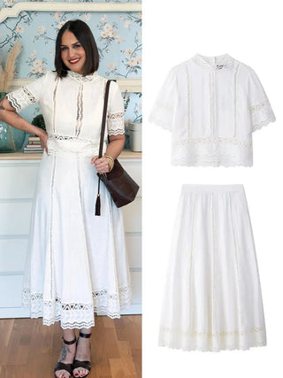 White Crochet Skirt Suit Set - Diva Melody