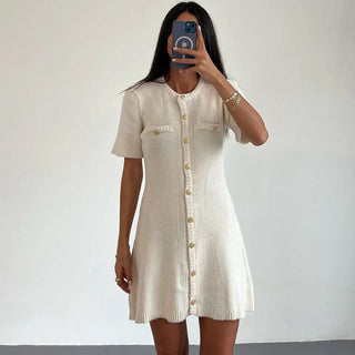 White Elegant Knitted Mini Dress - Diva Melody