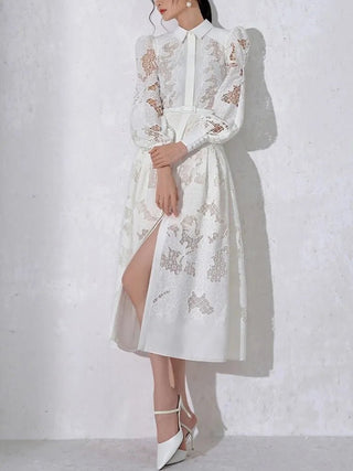 White lace embroidery sleeve high waist elegant Slit dress - Diva Melody