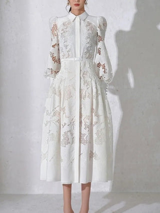 White lace embroidery sleeve high waist elegant Slit dress - Diva Melody