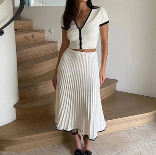 White long Skirt with V - neck Crop Top - Diva Melody