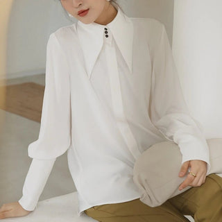 White Long Sleeve Satin Shirts Vintage Blouse - Diva Melody