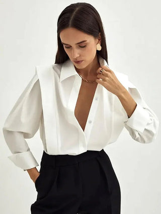 White Shirt Women Elegant Office Lady Solid Long Sleeve Shirt Blouse Tops - Diva Melody