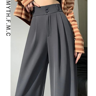 Wide Leg High Waist Black Gray Suit Trousers - Diva Melody