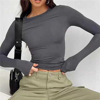 Women Long Sleeve Solid Slim Fit Casual Shirts Pullovers Basic T-Shirt - Diva Melody