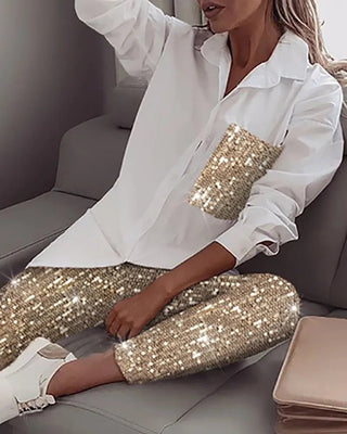 Women Sequin Long Sleeve Shirt & Glitter Shiny Pant Sets - Diva Melody