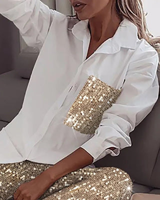 Women Sequin Long Sleeve Shirt & Glitter Shiny Pant Sets - Diva Melody