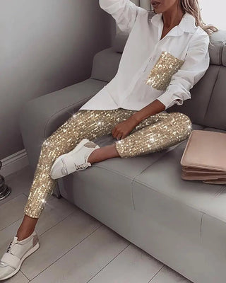 Women Sequin Long Sleeve Shirt & Glitter Shiny Pant Sets - Diva Melody