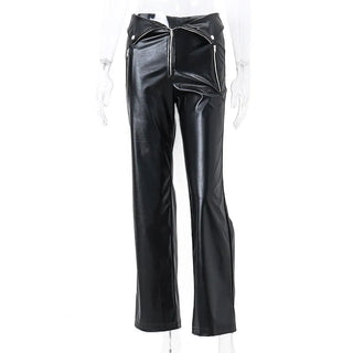 Y2K Fashion Leather Zipper Straight Slim Trousers - Diva Melody