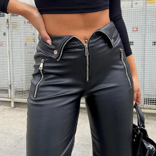 Y2K Fashion Leather Zipper Straight Slim Trousers - Diva Melody