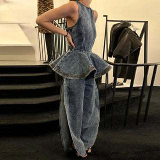Y2K Inspired Denim Peplum Top and Wide Leg Jeans Set - Diva Melody