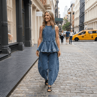 Y2K Inspired Denim Peplum Top and Wide Leg Jeans Set - Diva Melody
