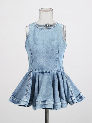 Y2K Inspired Denim Peplum Top and Wide Leg Jeans Set - Diva Melody