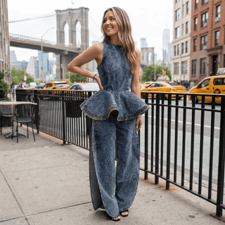 Y2K Inspired Denim Peplum Top and Wide Leg Jeans Set - Diva Melody