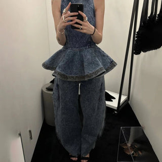 Y2K Inspired Denim Peplum Top and Wide Leg Jeans Set - Diva Melody