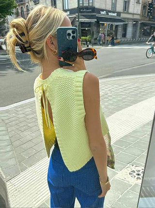 Yellow Sleeveless Backless Knit Sweaters - Diva Melody